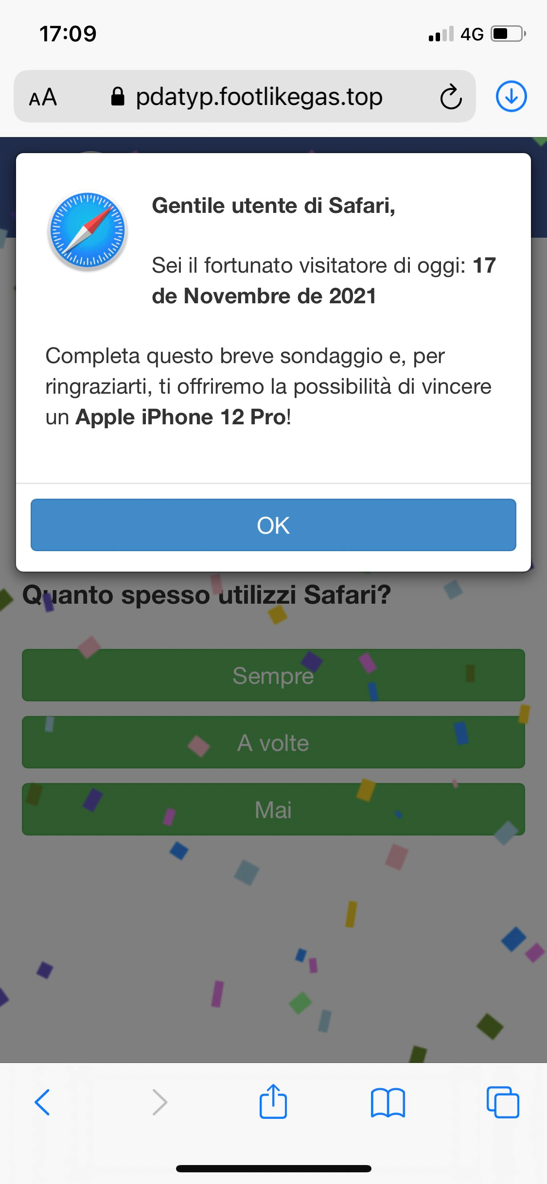 Clicca per ingrandire l'immagine del falso sondaggio di Safari, che offre la possibilità di vincere un fantastico premio l'iPhone 12 Pro solo per il fortunato utente...