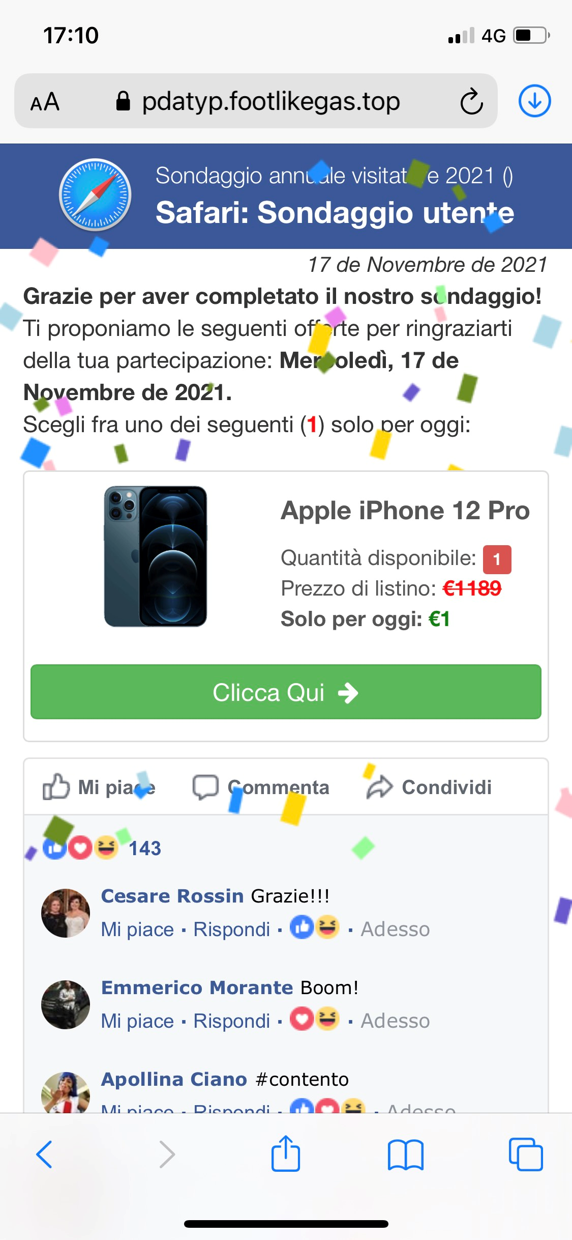 Clicca per ingrandire l'immagine del falso sondaggio di Safari, che offre la possibilità di vincere un fantastico premio l'iPhone 12 Pro solo per il fortunato utente...