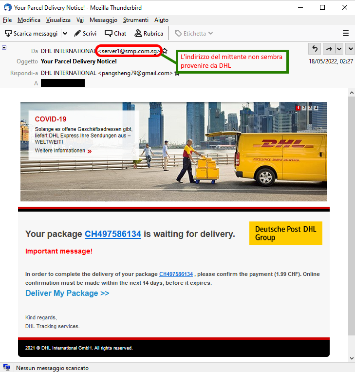Clicca per ingrandire l'immagine della falsa e-mail di DHL, che cerca di indurre il ricevente a cliccare sui link per rubare la password della sua casella di posta elettronica.
