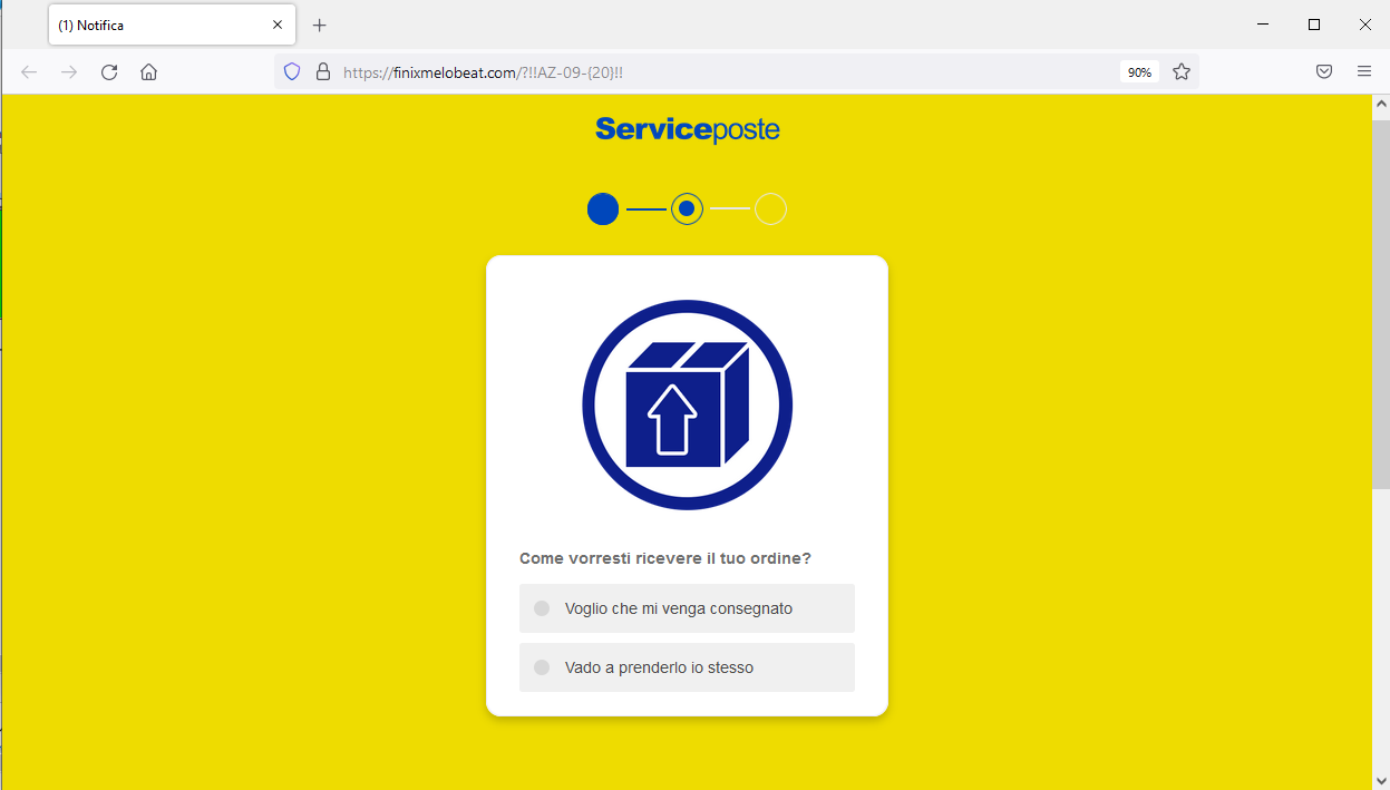 Clicca per ingrandire l'immagine del falso sito di PosteItaliane dove vengono richieste le informazioni necessarie per la spedizione del pacchetto in sospeso....