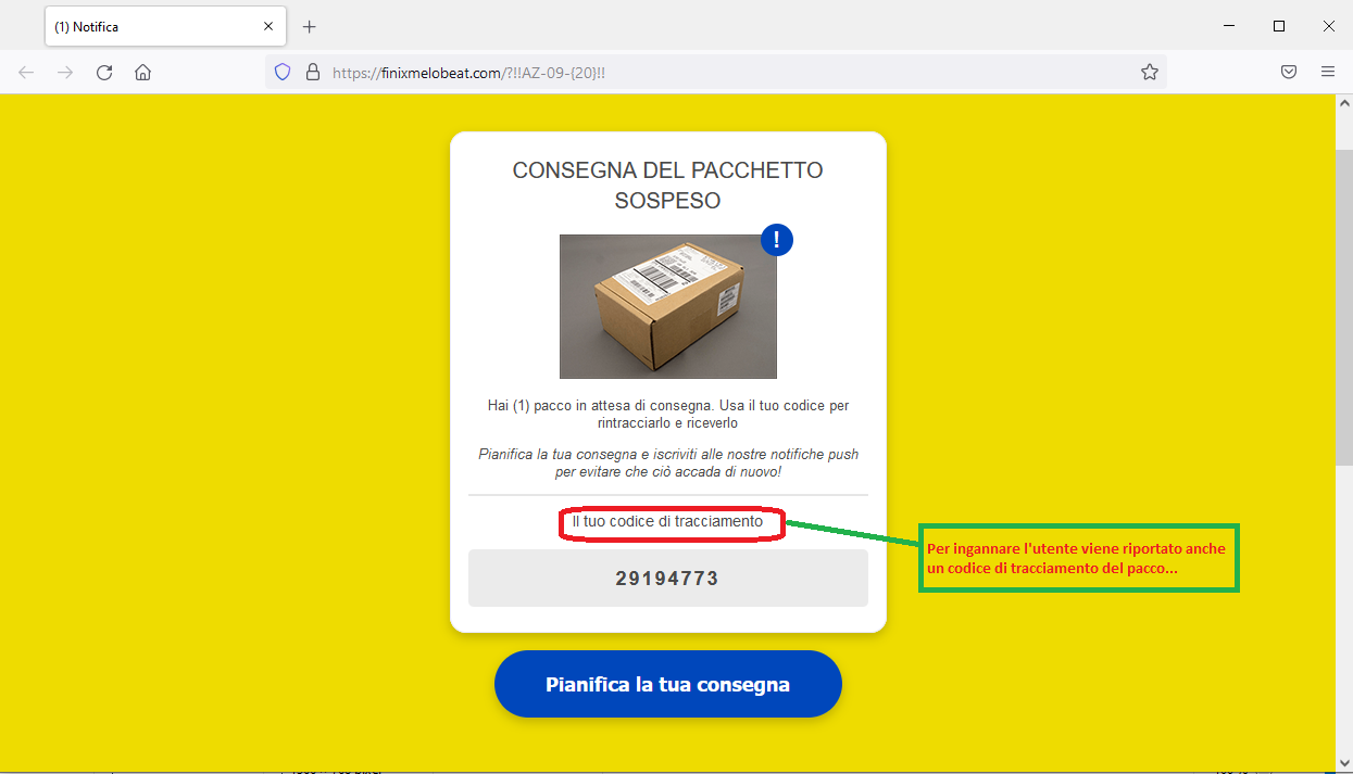 Clicca per ingrandire l'immagine del falso sito di PosteItaliane dove viene segnalato il codice di tracciamento, presumibilmente falso, del pacco in sospeso....