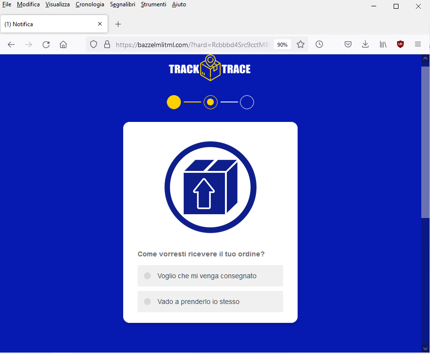 Clicca per ingrandire l'immagine del falso sito di Track&Trace dove vengono riportate le informazioni sul pacchetto in sospeso....