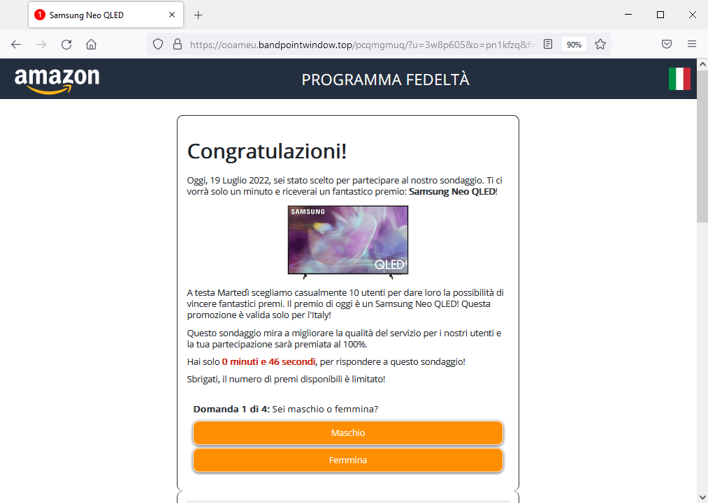 Clicca per ingrandire l'immagine del falso sito di Amazon dove partecipando ad un sondaggio è possibile vincere un fantastico premio: Samsung Neo QLED!....in realtà si tratta di una TRUFFA!!