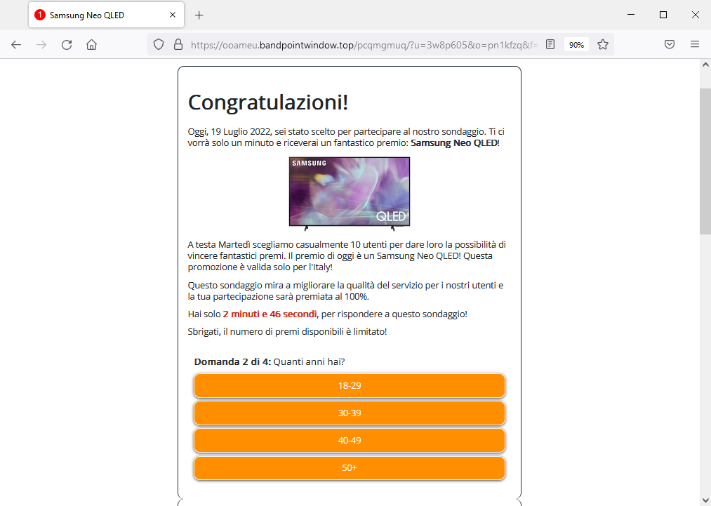 Clicca per ingrandire l'immagine del falso sito di Amazon dove partecipando ad un sondaggio è possibile vincere un fantastico premio: Samsung Neo QLED!....in realtà si tratta di una TRUFFA!!