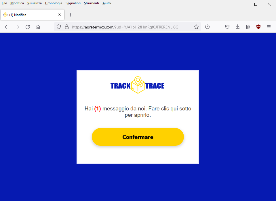 Clicca per ingrandire l'immagine del falso sito di Track&Trace dove si dovrebbe monitorare una spedizione in sospeso ma che in realtà è una TRUFFA!