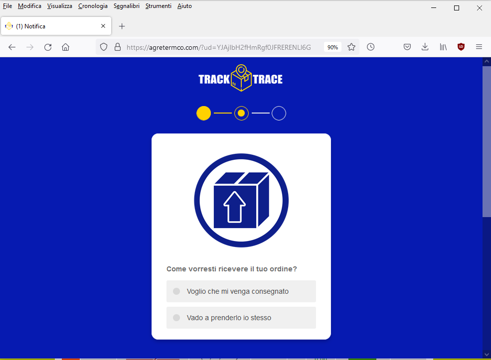 Clicca per ingrandire l'immagine del falso sito di Track&Trace dove vengono riportate le informazioni sul pacchetto in sospeso....