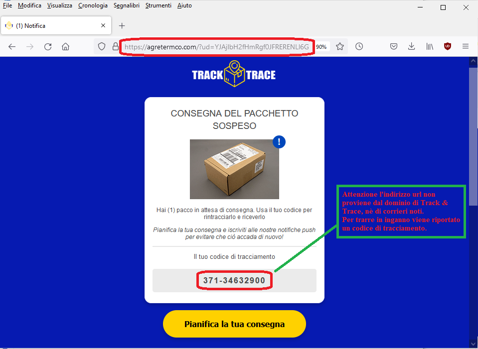 Clicca per ingrandire l'immagine del falso sito di Track&Trace dove viene segnalato il codice di tracciamento, presumibilmente falso, del pacco in sospeso....