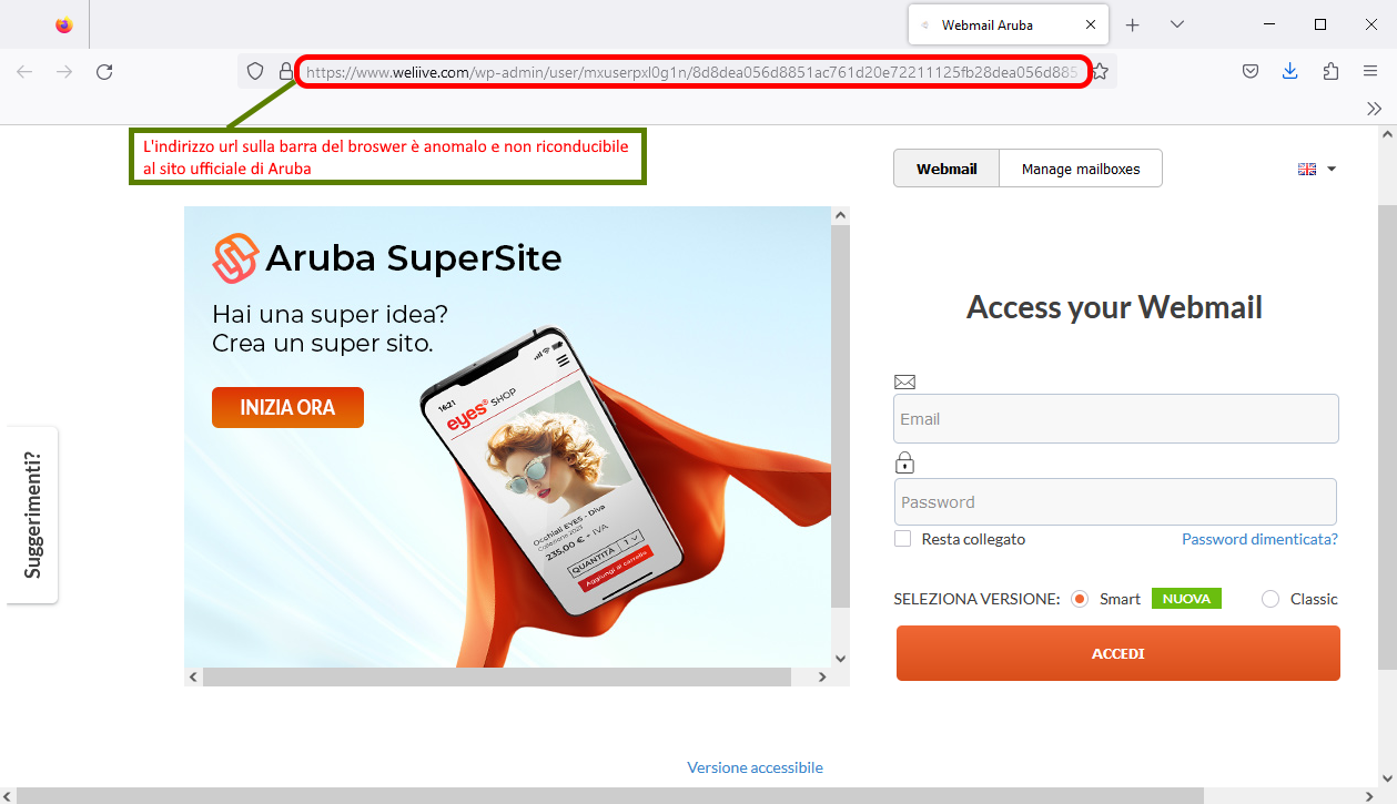 Clicca per ingrandire l'immagine del falso sito di Aruba dove si viene rimandati dal link della mail e dove viene richiesto di autenticarsi...in realtà si tratta di una TRUFFA!