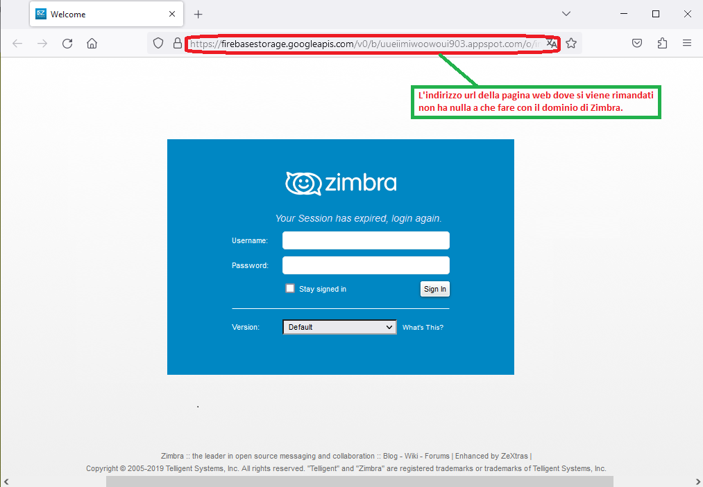 Clicca per ingrandire l'immagine del falso sito di Zimbra dove viene richiesto di effettuare la login al proprio acount..in realtà si tratta di una TRUFFA!