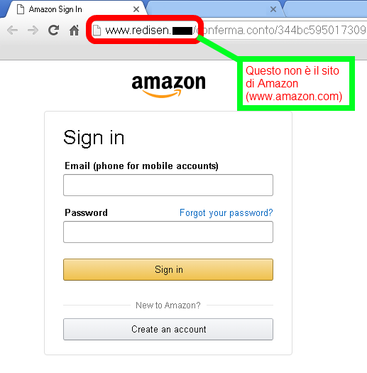 Clicca per ingrandire l'immagine del falso sito di Amazon, tramite il quale i dati inseriti vengono inviati ai cyber-criminali che hanno creato la truffa.