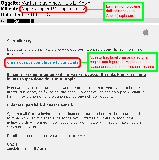 Clicca per ingrandire l'immagine della falsa e-mail di Apple, che cerca di rubare le informazioni della carta di credito.