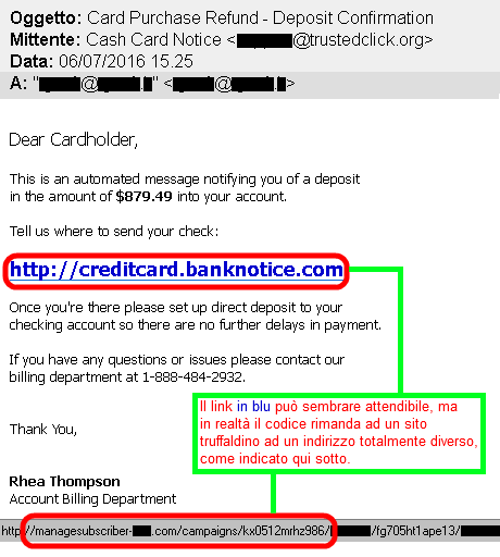 Clicca per ingrandire l'immagine della falsa e-mail da parte di un ignoto istituto bancario, che cerca di rubare le credenziali di accesso al conto corrente.