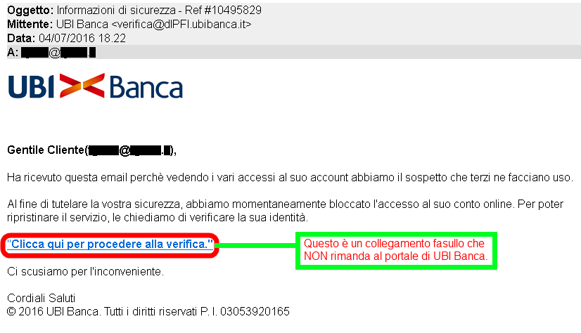 Clicca per ingrandire l'immagine della falsa e-mail di UBI Banca, che cerca di rubare le credenziali di accesso al conto corrente.