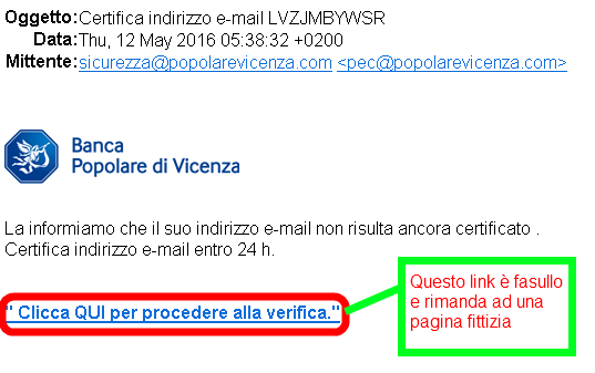 Clicca per ingrandire l'immagine della falsa e-mail di Banca Popolare di Vicenza che cerca rubare le credenziali di accesso al conto corrente online
