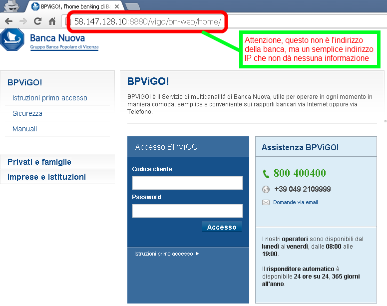 Clicca per ingrandire l'immagine della Falsa pagina di Accesso al sito di Banca Popolare di Vicenza