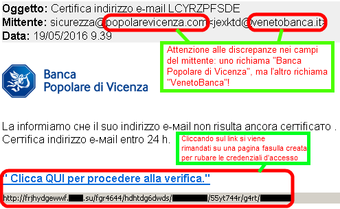 Clicca per ingrandire l'immagine della falsa e-mail di Banca Popolare di Vicenza che cerca rubare le credenziali di accesso al conto corrente online