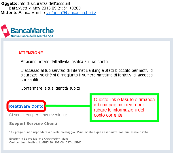 Clicca per ingrandire l'immagine della falsa e-mail di BancaMarche che cerca rubare le credenziali di accesso al conto corrente online