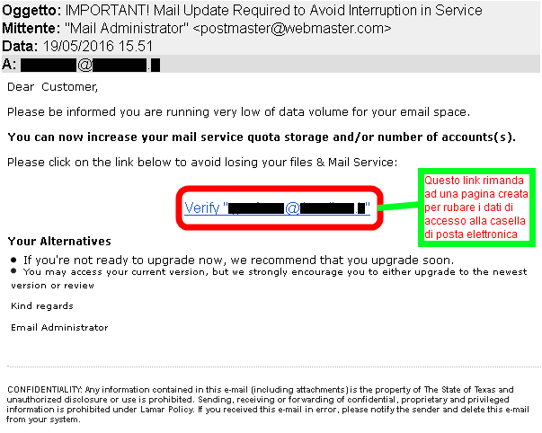 Clicca per ingrandire l'immagine della falsa e-mail del gestore di posta elettronica, che cerca rubare le credenziali di accesso alla casella postale